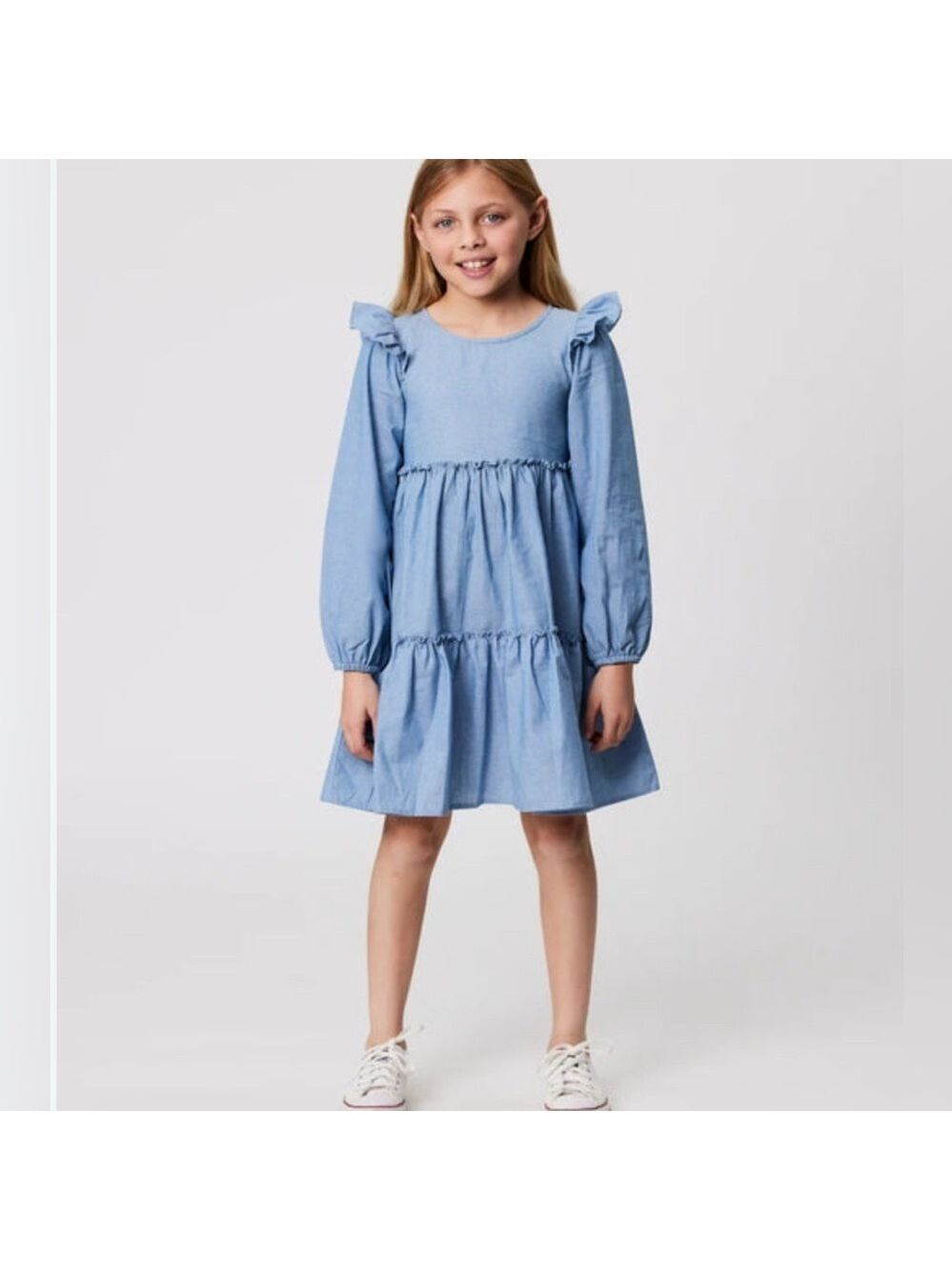 MANGO Girls Lightweight  Denim (Tencel) Tiered Dress Long Sleeve Size 10 (yrs)